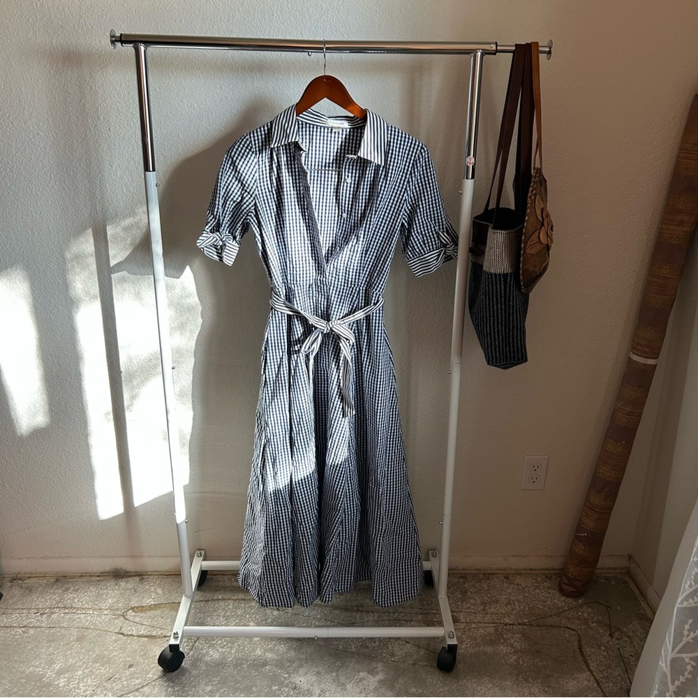 Calvin Klein Navy and White Gingham Midi Dress